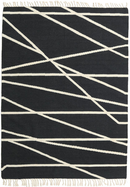  160X230 Abstract Cross Lines Rug - Black/Off White Wool, 