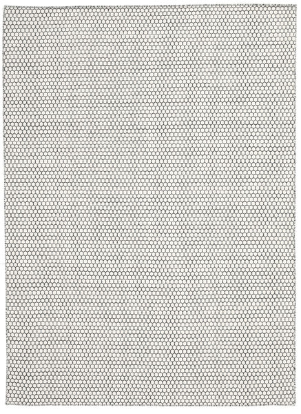  210X290 Plain (Single Colored) Kilim Honey Comb Rug - Cream White/Black Wool, 