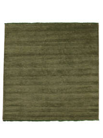 Handloom Fringes 200X200 Green Plain (Single Colored) Square Wool Rug 