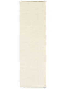  80X200 Plain (Single Colored) Small Handloom Fringes Rug - Ivory White Wool, 